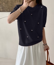 ハート刺繍入り半袖ニットトップス (SS)