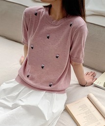 ハート刺繍入り半袖ニットトップス (SS)