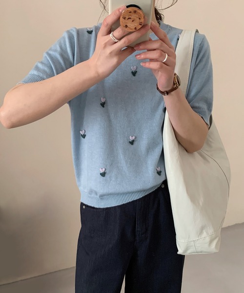 セール】ハート刺繍入り半袖ニットトップス（ニット/セーター