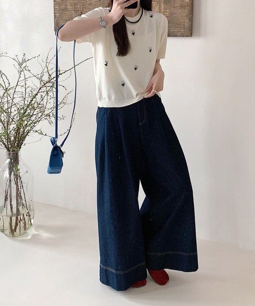 BANICO(バニコ)の「ハート刺繍入り半袖ニットトップス (SS)(ニット/セーター・レディース・ネイビー/グレー/ライトベージュ/ピンク/ブルー・FREE)」の7枚目の写真