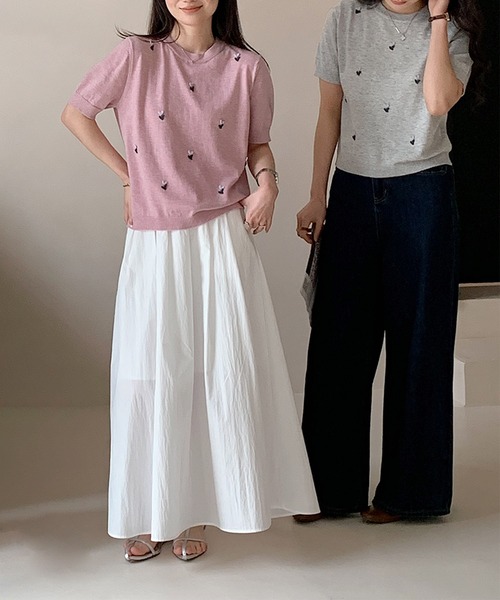 BANICO(バニコ)の「ハート刺繍入り半袖ニットトップス (SS)(ニット/セーター・レディース・ネイビー/グレー/ライトベージュ/ピンク/ブルー・FREE)」の12枚目の写真