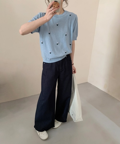 BANICO(バニコ)の「ハート刺繍入り半袖ニットトップス (SS)(ニット/セーター・レディース・ネイビー/グレー/ライトベージュ/ピンク/ブルー・FREE)」の13枚目の写真