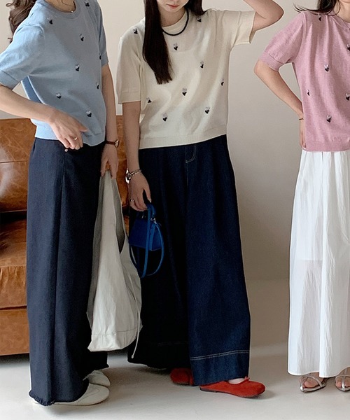 BANICO(バニコ)の「ハート刺繍入り半袖ニットトップス (SS)(ニット/セーター・レディース・ネイビー/グレー/ライトベージュ/ピンク/ブルー・FREE)」の15枚目の写真