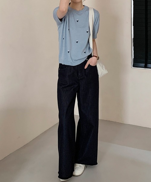 BANICO(バニコ)の「ハート刺繍入り半袖ニットトップス (SS)(ニット/セーター・レディース・ネイビー/グレー/ライトベージュ/ピンク/ブルー・FREE)」の17枚目の写真