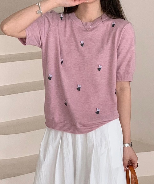 BANICO(バニコ)の「ハート刺繍入り半袖ニットトップス (SS)(ニット/セーター・レディース・ネイビー/グレー/ライトベージュ/ピンク/ブルー・FREE)」の19枚目の写真