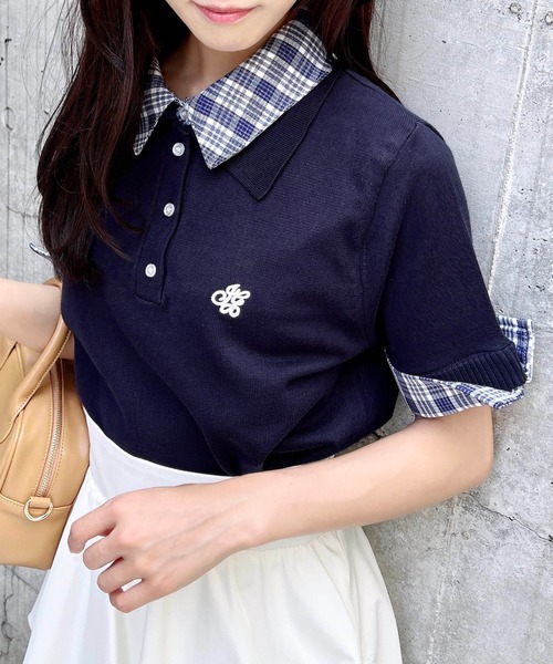 INGNI(イング)の「ダブルカラー胸刺繍半袖ポロニット(ニット/セーター・レディース・グレー系4/ネイビー系8/サックスブルー系/ネイビー系2/ワイン系3・M)」の2枚目の写真