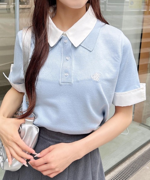 セール】ダブルカラー胸刺繍半袖ポロニット（ニット/セーター