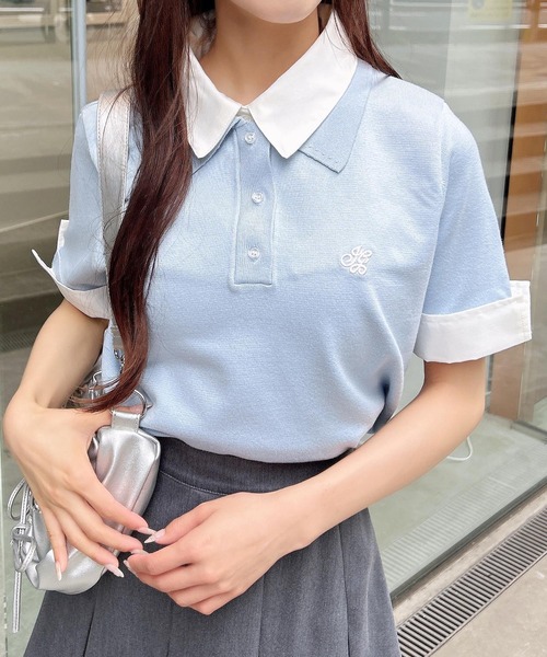 セール】ダブルカラー胸刺繍半袖ポロニット（ニット/セーター