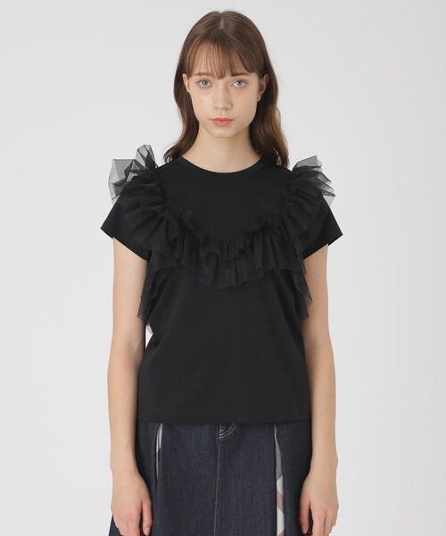 BLUE LABEL CRESTBRIDGE（ブルーレーベルクレストブリッジ）の「コットンライトポンチフリルチュールカットソー（Tシャツ/カットソー・レディース・ブルー系その他2/ブラック/オフホワイト・38）」の2枚目の写真