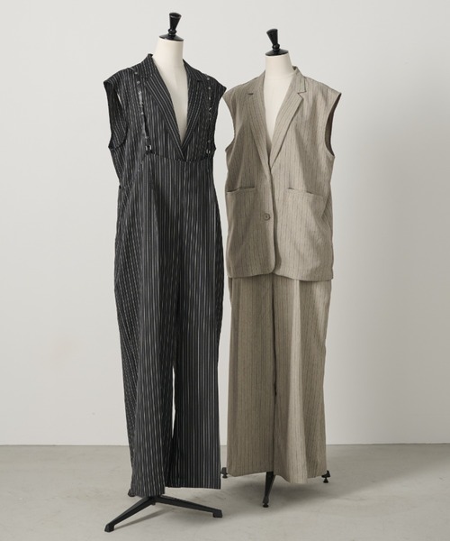 AIC.（エーアイシー）の「ベルトショルダーストライプパンツ/セットアップ可能（その他パンツ・レディース・グレイッシュベージュ/ブラック・FREE）」の3枚目の写真