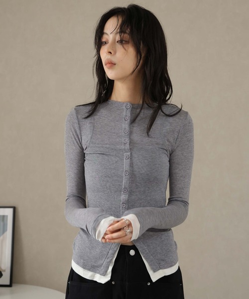 Ulysses（ユリシス）の「レイヤード風デザインボタンカットソー（Tシャツ/カットソー・レディース・ブラウン/ライトグレー・S/M）」の6枚目の写真