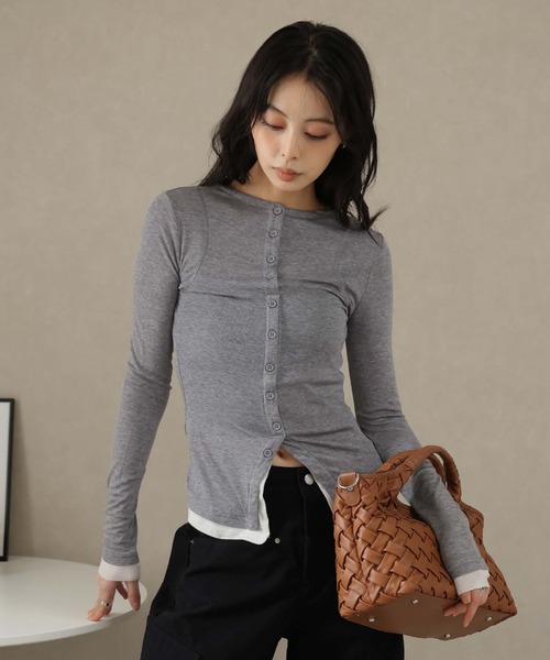 Ulysses（ユリシス）の「レイヤード風デザインボタンカットソー（Tシャツ/カットソー・レディース・ブラウン/ライトグレー・S/M）」の7枚目の写真