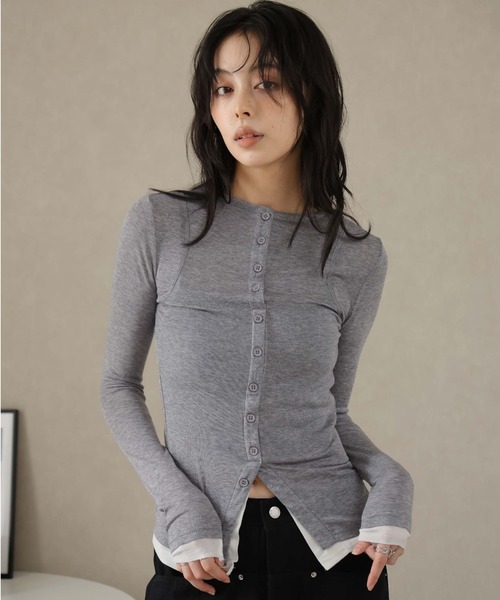 Ulysses（ユリシス）の「レイヤード風デザインボタンカットソー（Tシャツ/カットソー・レディース・ブラウン/ライトグレー・S/M）」の14枚目の写真