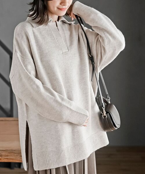 rps（アールピーエス）の「襟付きニットプルオーバー（ニット/セーター・レディース・ネイビー/オートミール/グレイッシュベージュ・フリー）」の2枚目の写真