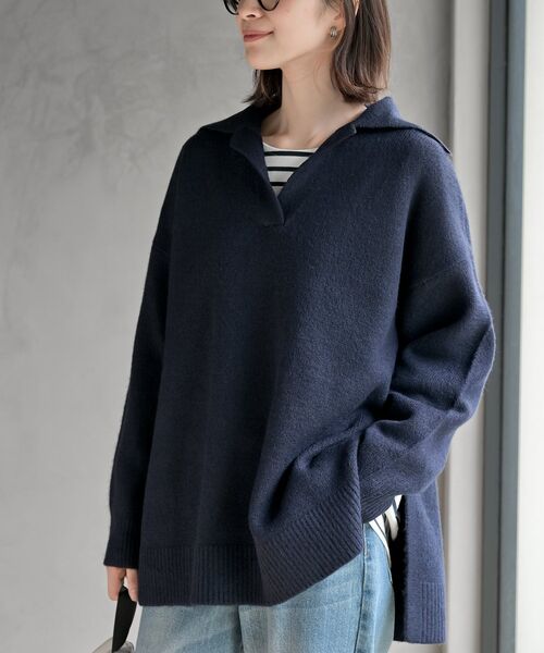 rps（アールピーエス）の「襟付きニットプルオーバー（ニット/セーター・レディース・ネイビー/オートミール/グレイッシュベージュ・フリー）」の3枚目の写真