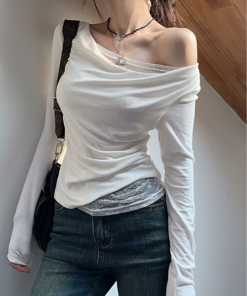 kirakiraShop(キラキラショップ)の「レイヤード ワンショルダー レース トップス(Tシャツ/カットソー・レディース・ホワイト/ブラック・FREE)」の2枚目の写真
