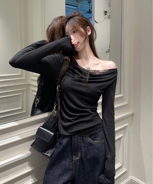 kirakiraShop(キラキラショップ)の「レイヤード ワンショルダー レース トップス(Tシャツ/カットソー・レディース・ホワイト/ブラック・FREE)」の8枚目の写真
