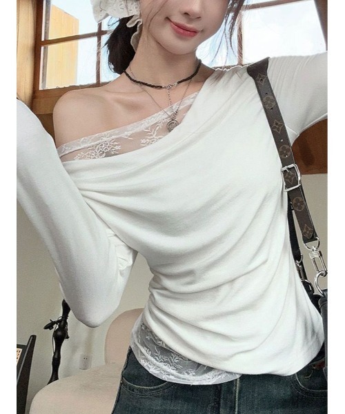 kirakiraShop(キラキラショップ)の「レイヤード ワンショルダー レース トップス(Tシャツ/カットソー・レディース・ホワイト/ブラック・FREE)」の5枚目の写真