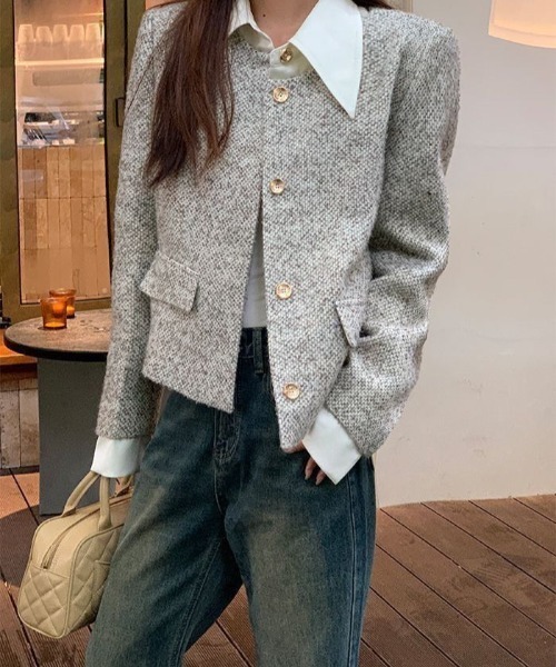 セール】【LAMPOON】ドッキングツイードジャケット（ノーカラー