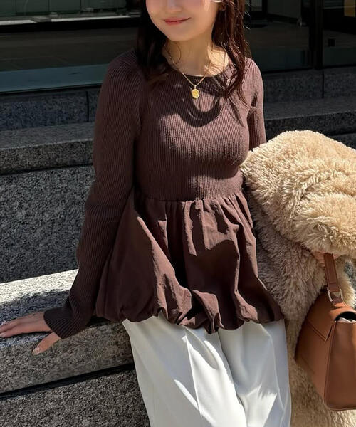 FREE'S MART（フリーズマート）の「◇〈ＭＦＭ〉ペプラムバルーンニット（ニット/セーター・レディース・ホワイト/ブラウン/ブラック・FREE）」の3枚目の写真