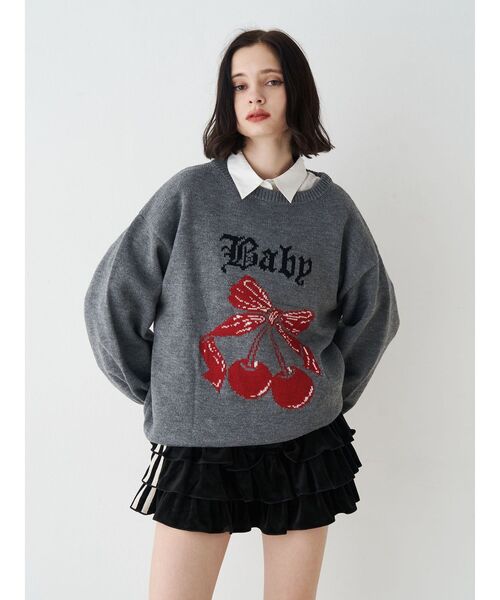 jouetie（ジュエティ）の「ジャガードチェリールーズニット（ニット/セーター・レディース・アイボリー/ブラック/グレー/ピンク・MEDIUM）」の12枚目の写真