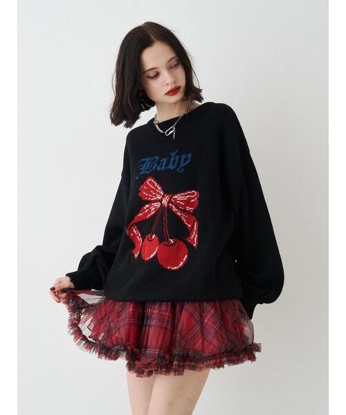 jouetie（ジュエティ）の「ジャガードチェリールーズニット（ニット/セーター・レディース・アイボリー/ブラック/グレー/ピンク・MEDIUM）」の6枚目の写真