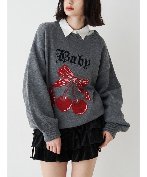 jouetie（ジュエティ）の「ジャガードチェリールーズニット（ニット/セーター・レディース・アイボリー/ブラック/グレー/ピンク・MEDIUM）」の3枚目の写真