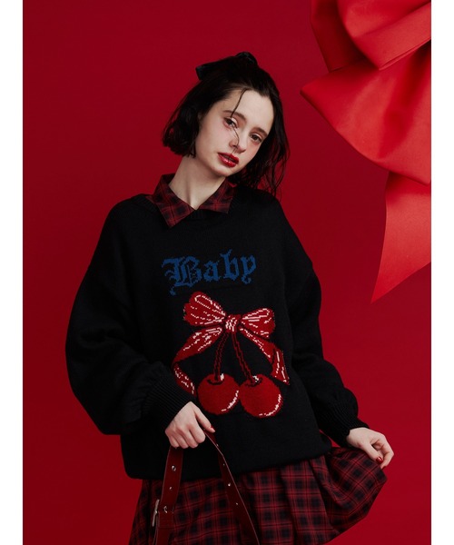 SEVEN TEN チェリー ニット M セブンテンチェリージャガードニットM