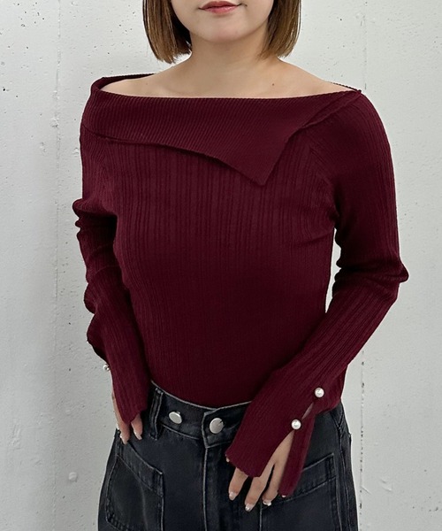 archives（アルシーヴ）の「アシメオフショルランダムリブニットプルオーバー（Tシャツ/カットソー・レディース・グレー/アイボリー/ブラック/ワインレッド・MEDIUM）」の4枚目の写真