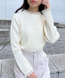 ジプソフィア　Gypsohila ケーブル　白リボンニット　丸首セーター　完売品 ジプソフィア Gypsohila ケーブル 白リボンニット 丸首セーター