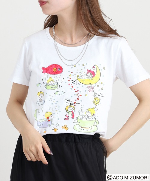 FUNALIVE(ファンアライブ)の「水森亜土 プリント半袖Tシャツ(Tシャツ/カットソー・レディース・クリーム/ローズ/ネイビー/ホワイト系/ホワイト・L/M/LL)」の8枚目の写真