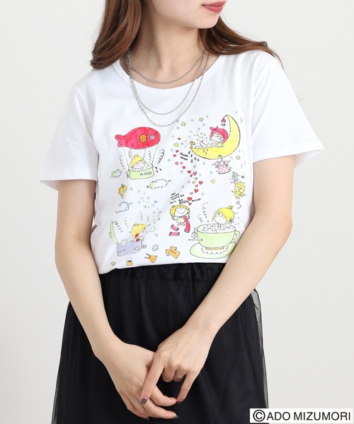 FUNALIVE(ファンアライブ)の「水森亜土 プリント半袖Tシャツ(Tシャツ/カットソー・レディース・クリーム/ローズ/ネイビー/ホワイト系/ホワイト・L/M/LL)」の9枚目の写真