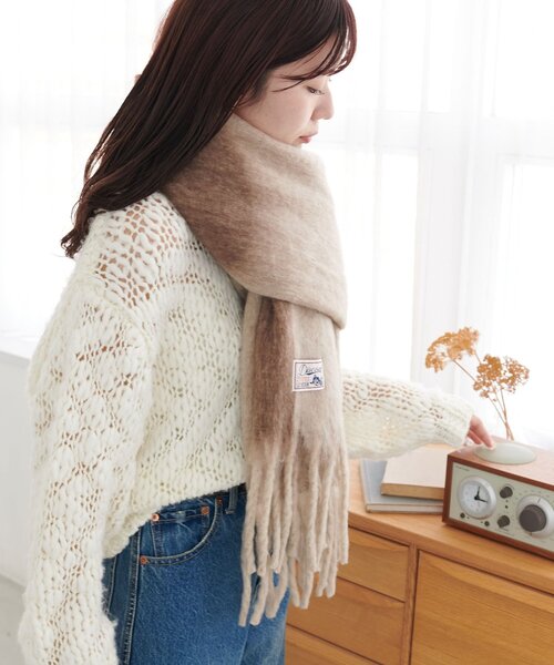 DISCOAT（ディスコート）の「太フリンジストール（マフラー・レディース・アイボリー/グレー/ブラウン/モカ/ブルー/ネイビー/レッド・FREE）」の10枚目の写真