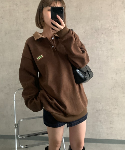 link lot(リンクロット)の「【裏起毛】襟ボアピスネーム付きコーデュロイポロスウェット(スウェット・レディース・ブラウン/アイボリー/ブラック・M/L)」の15枚目の写真