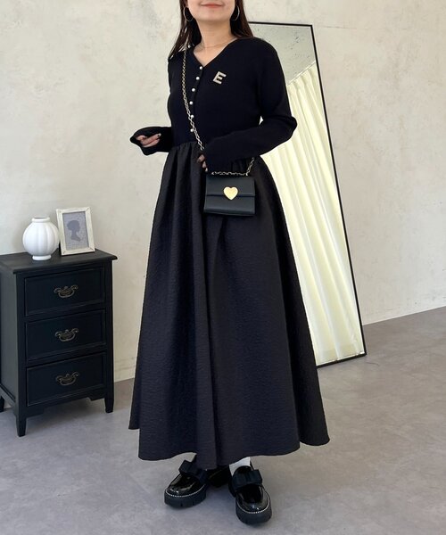 前後2way】パールボタンドッキングフレアワンピース（ワンピース