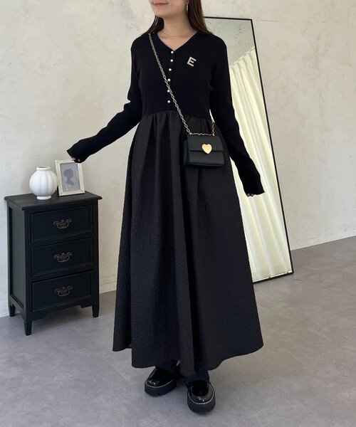 前後2way】パールボタンドッキングフレアワンピース（ワンピース