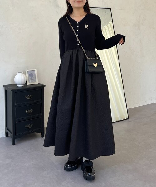 前後2way】パールボタンドッキングフレアワンピース（ワンピース