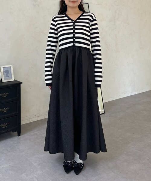セール】【前後2way】パールボタンドッキングフレアワンピース