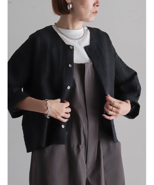 FIL DE FER（フィルデフェール）の「【予約】綿ナイロンシアーチェック　V開きブラウス（シャツ/ブラウス・レディース・ブラック/ホワイト・FREE）」の2枚目の写真