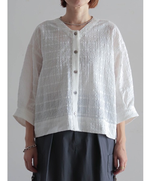 FIL DE FER（フィルデフェール）の「【予約】綿ナイロンシアーチェック　V開きブラウス（シャツ/ブラウス・レディース・ブラック/ホワイト・FREE）」の15枚目の写真