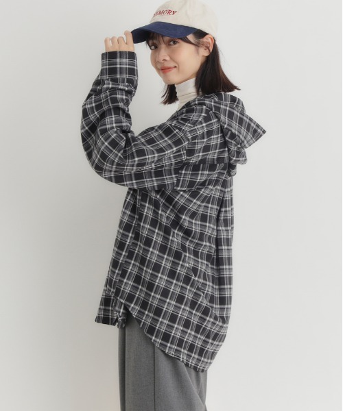 Right-on(ライトオン)の「HONEYSUCKLE ROSE(ハニーサックルローズ)【レディース】チェックビッグシャツ(シャツ/ブラウス・レディース・ブラウン/ブラック・L/M)」の9枚目の写真