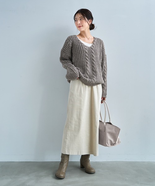 STYLE DELI（スタイルデリ）の「ざっくりケーブル編みVネックニット（ニット/セーター・レディース・アイボリー/ブルー/モカ・FREE）」の4枚目の写真