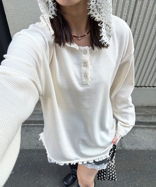 セール】レースフードワッフルロンTee（Tシャツ/カットソー