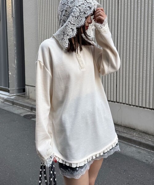 セール】レースフードワッフルロンTee（Tシャツ/カットソー