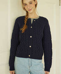 Gold Button Cable Wool Knit Cardigan - Navy