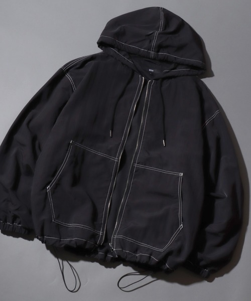ANPAS(アンパス)の「Nylon/Cotton Contrast-Stitch Hoodie / ナイロン コットン 配色ステッチ ドロストフルジップパーカー フーディー ブルゾン メンズ レディース ユニセックス アウター(マウンテンパーカー・メンズ・ベージュ系その他/ブラック/ブラック系その他/ライトブラウン・XL/L/M)」の2枚目の写真