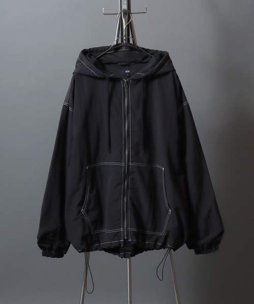 ANPAS(アンパス)の「Nylon/Cotton Contrast-Stitch Hoodie / ナイロン コットン 配色ステッチ ドロストフルジップパーカー フーディー ブルゾン メンズ レディース ユニセックス アウター(マウンテンパーカー・メンズ・ベージュ系その他/ブラック/ブラック系その他/ライトブラウン・XL/L/M)」の5枚目の写真