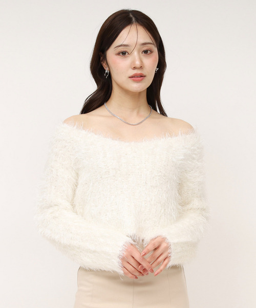 ROYAL PARTY(ロイヤルパーティー)の「ラメフィルムVネックシャギーニットトップス(ニット/セーター・レディース・ピンク/オフホワイト/グレー・FREE)」の7枚目の写真