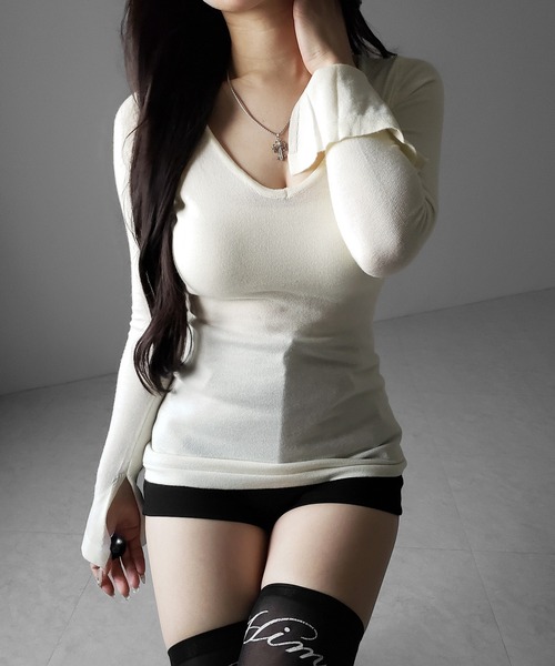 me+em select(ミームセレクト)の「※※【 3color 】Vネックスーパーフィットスリムシアーニット / V-neck super-fit slim sheer knit(ニット/セーター・レディース・アイボリー/ブラック/グレー・FREE)」の5枚目の写真
