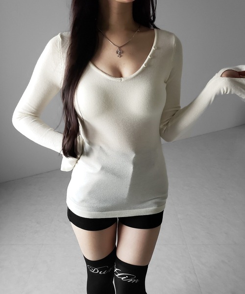me+em select(ミームセレクト)の「※※【 3color 】Vネックスーパーフィットスリムシアーニット / V-neck super-fit slim sheer knit(ニット/セーター・レディース・アイボリー/ブラック/グレー・FREE)」の10枚目の写真